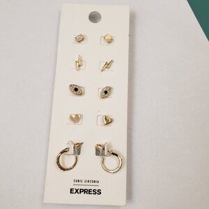 Express, NWT, 5 prs gold tone cubic zirconia small post pierced fashion earrings
